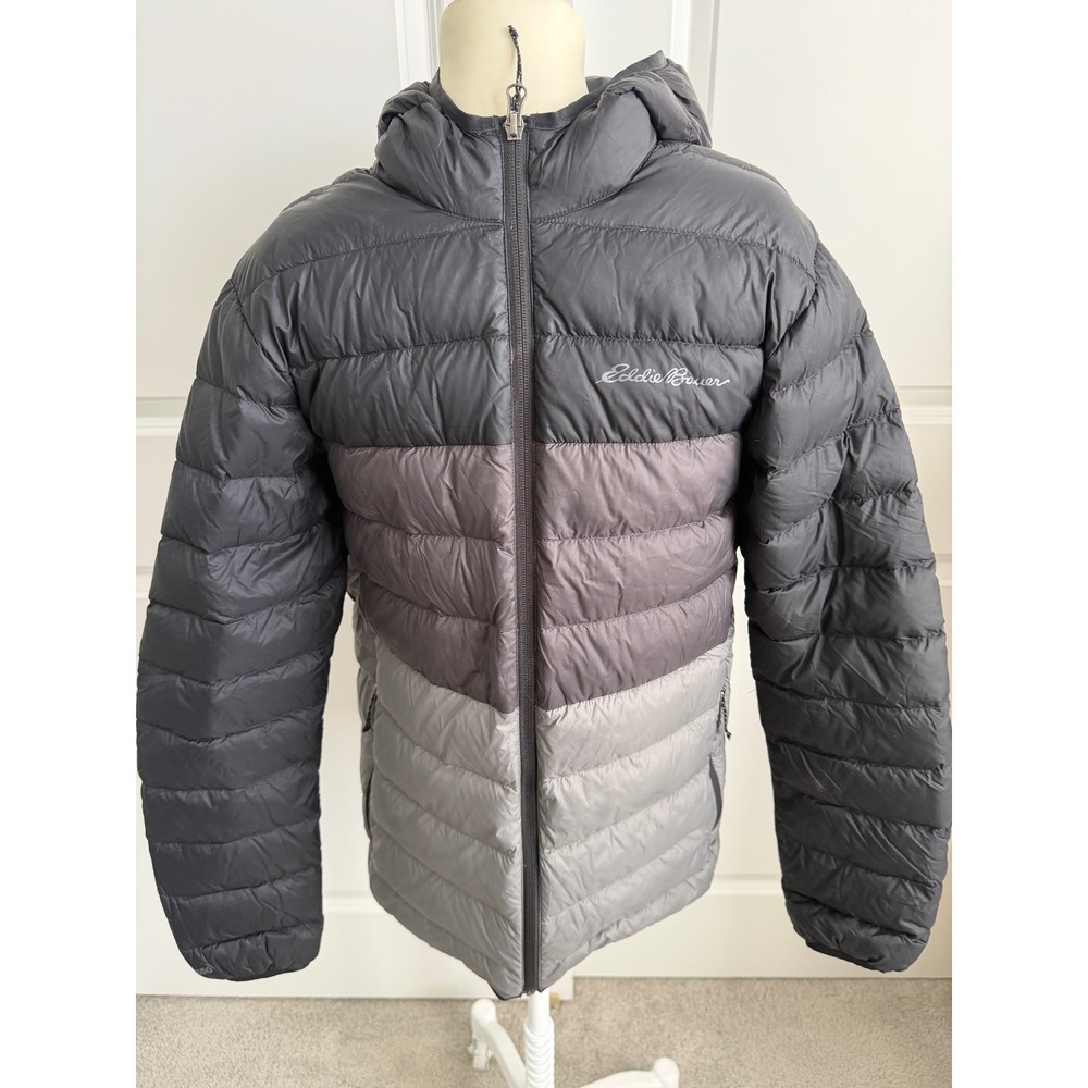 Eddie Bauer Mens Grey Colorblock Hooded Puffer Down Jacket Size S cabincore